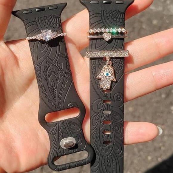 NEW Black Engraved Apple Watch Band with Charms